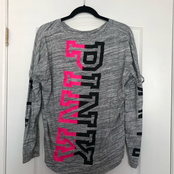 Grey long sleeve crew top with hot pink logo - Picture 2 of 2